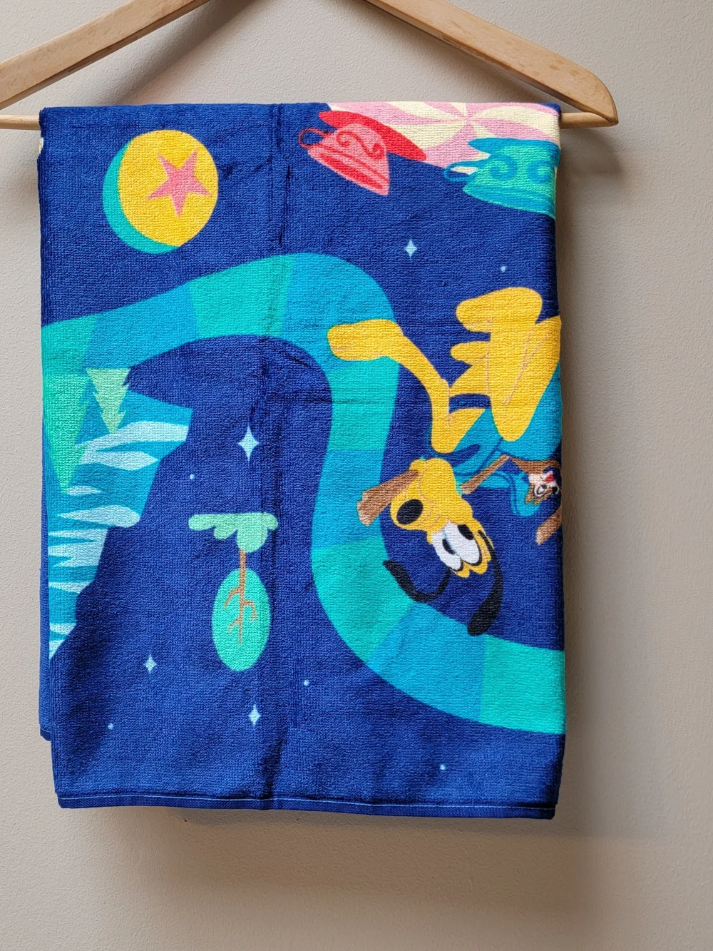 Disney Parks Beach Towel Navy Blue with Teal, Yellow & Pink Character Design